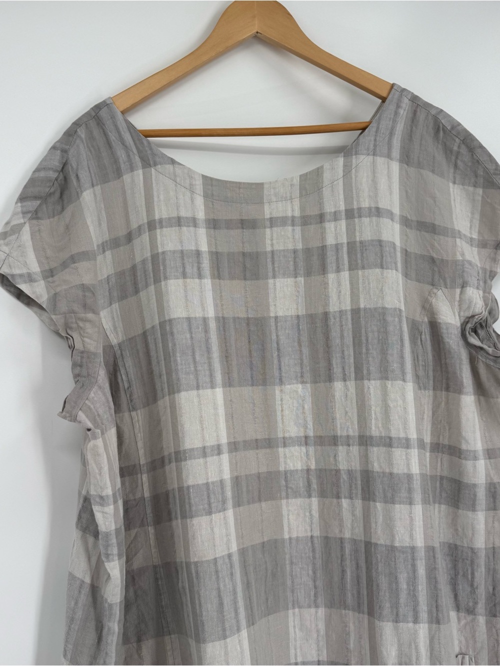 Eileen Fisher Shift Dress Size 3X Organic Linen Cotton Plaid V-Back Pockets Gray - Picture 5 of 10